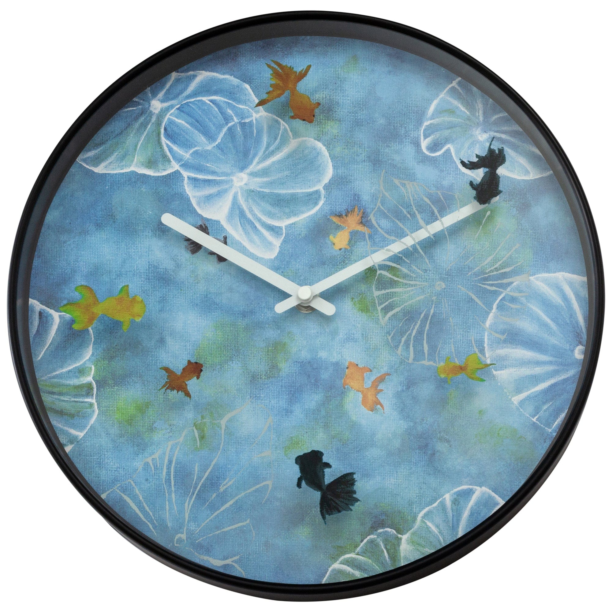 Blue NeXtime Clocks wall clock, 30cm silent plastic clock with pond design, shown from the front.